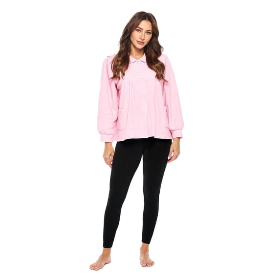 Casual Nights Women's Bed Jacket, Button Front Terry Fleece Sleep Top With Pockets, Lightweight & Soft Jacquard Nightwear, Pink 3X