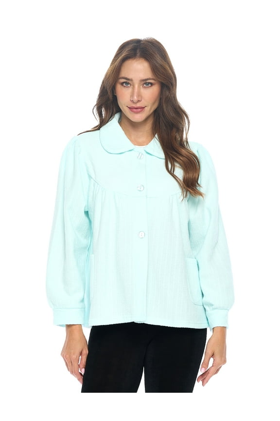 Women's Button Front Jacquard Terry Fleece Sleep Bed Jacket Top with Pockets