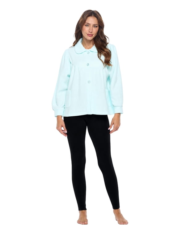 Women's Bed Jacket, Button Front Terry Fleece Sleep Top With Pockets, Lightweight & Soft Jacquard Nightwear, Mint Green 3X