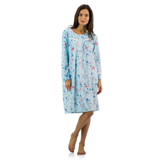 Casual Nights Women's Cotton Blend Long Sleeve Nightgown - Blossom Pintucked Blue - Large
