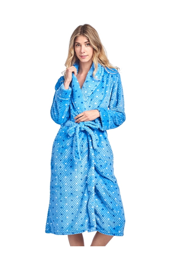 Women's Dot Long Sleeve Mini Popcorn Fleece Plush Robe - Blue