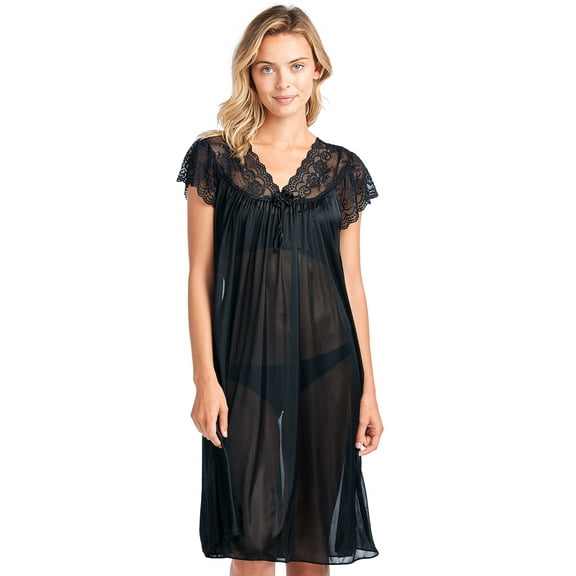 Casual Nights Women's Fancy Lace Neckline Silky Tricot Nightgown - Black - Medium
