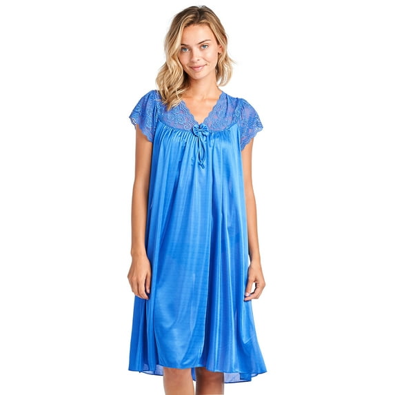 Casual Nights Women's Fancy Lace Neckline Silky Tricot Nightgown - Navy - X-Large