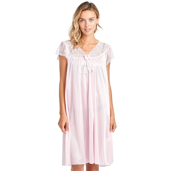 Casual Nights Women's Fancy Lace Neckline Silky Tricot Nightgown - Pink - Large
