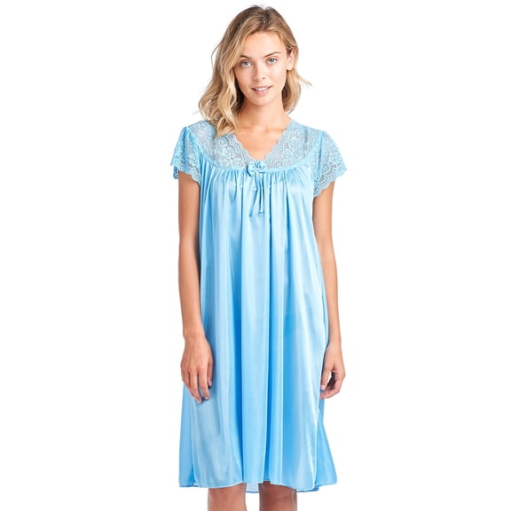 Casual Nights Women's Fancy Lace Neckline Silky Tricot Nightgown - Sky Blue - XX-Large