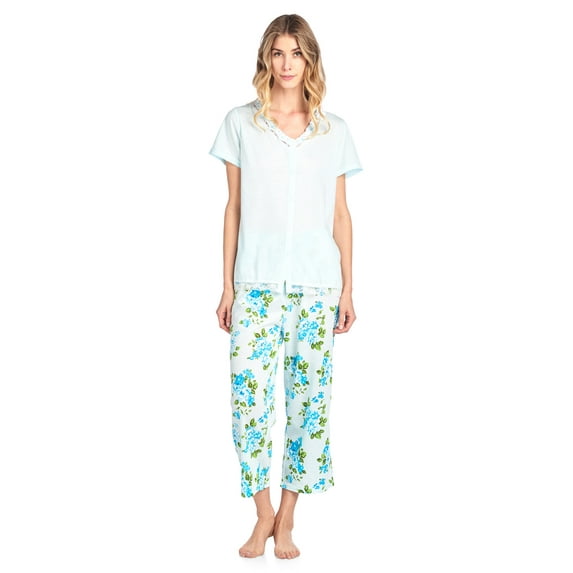 Casual Nights Women's Fancy Short Sleeve Floral Capri Pajama Set