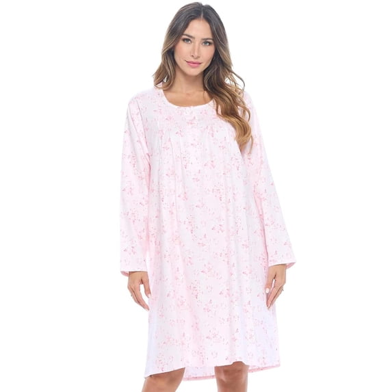 Casual Nights - Flannel Floral Long Sleeve Nightgowns for Women, Soft Lightweight Cotton & Lace Trim, Comfortable Lounging, Pink Floral X-Large