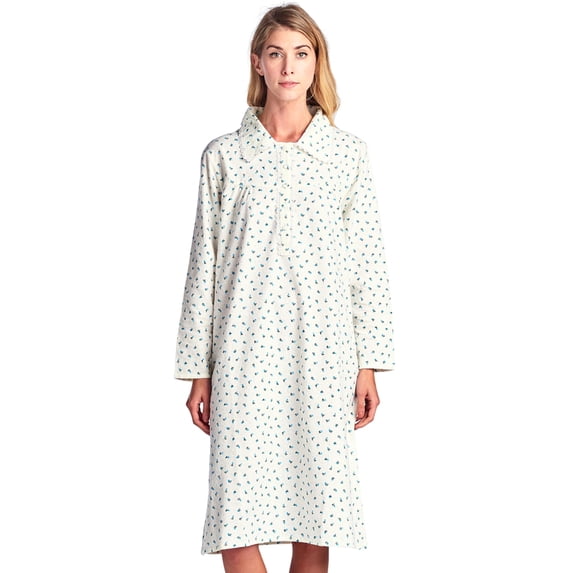 Casual Nights - Flannel Floral Long Sleeve Nightgowns for Women, Soft Lightweight Cotton & Lace Trim, Comfortable Lounging, Yellow Blue Medium