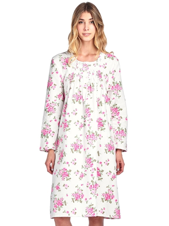 - Flannel Floral Long Sleeve Nightgowns for Women, Soft Lightweight Cotton & Lace Trim, Comfortable Lounging, Floral Pink X-Large