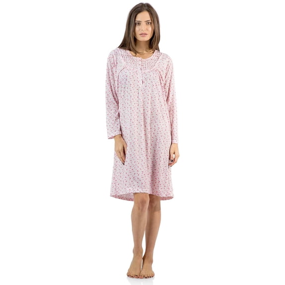 Casual Nights Women's Long Sleeve Henley Nightgown, Lightweight Cotton Blend Knit House Dress, 5 Button Front Closure & Polka Dot Print, Pink L