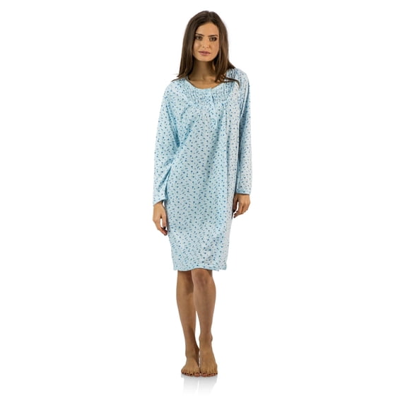 Casual Nights Women's Long Sleeve Henley Nightgown, Lightweight Cotton Blend Knit House Dress, 5 Button Front Closure & Polka Dot Print, Blue 2XL