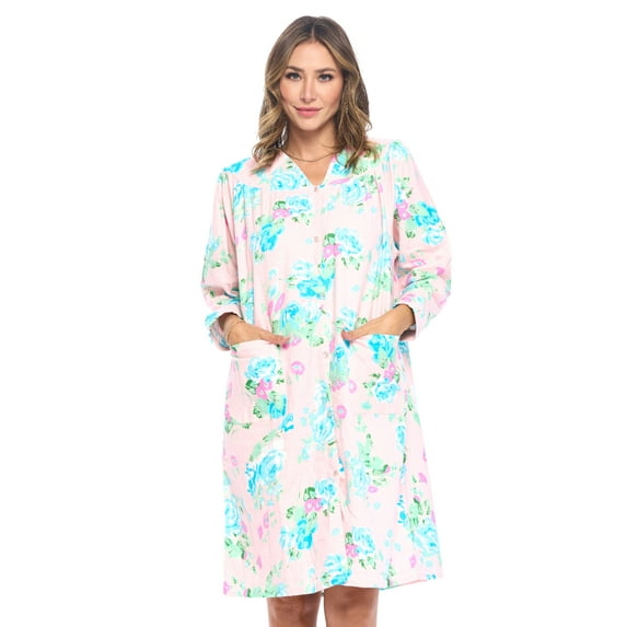 Casual Nights Women's Floral Snap Front Flannel Duster Long Sleeve Lounger Dress
