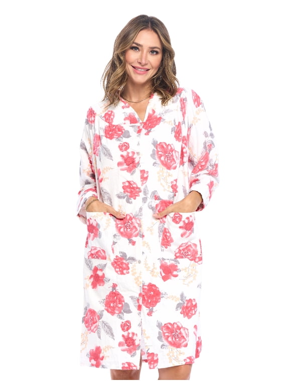 Women's Floral Snap Front Flannel Duster Long Sleeve Lounger Dress