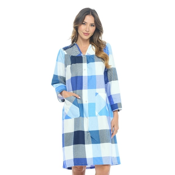 Casual Nights Women's Floral Snap Front Flannel Duster Long Sleeve Lounger Dress