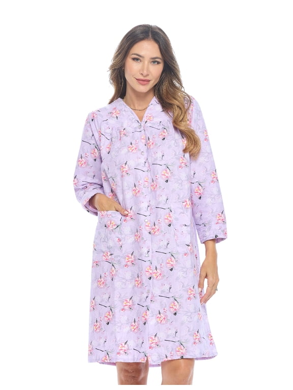 Women's Floral Snap Front Flannel Duster Long Sleeve Lounger Dress