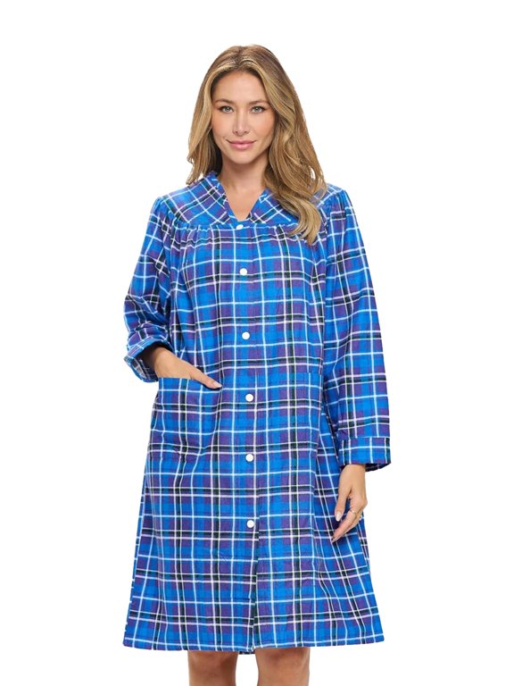 - Housecoats For Women, Snap Front Dusters For Women, Pure Cotton House Dresses For Elderly & Young with 2 Pockets, Blue/Black Plaid S