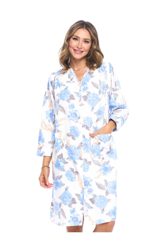 Women's Floral Snap Front Flannel Duster Long Sleeve Lounger Dress