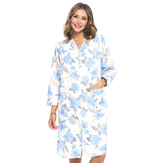 Casual Nights Women's Floral Snap Front Flannel Duster Long Sleeve Lounger Dress