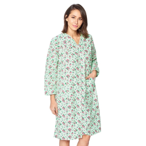 Casual Nights Women's Floral Snap Front Flannel Duster Long Sleeve Lounger Dress