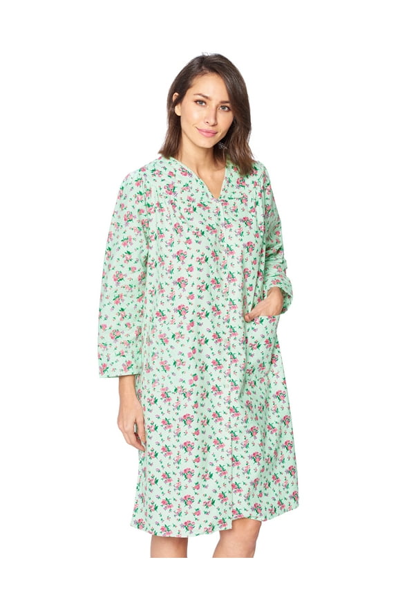 Women's Floral Snap Front Flannel Duster Long Sleeve Lounger Dress