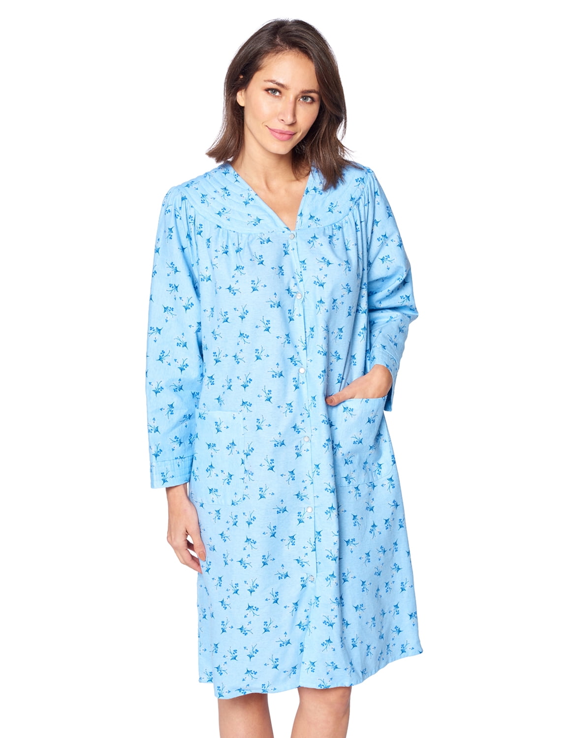 Women's Floral Snap Front Flannel Duster Long Sleeve Lounger Dress