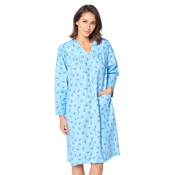 Casual Nights Women's Floral Snap Front Flannel Duster Long Sleeve Lounger Dress