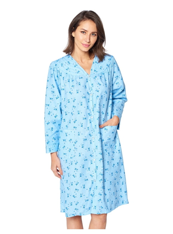 Casual Nights Women's Floral Snap Front Flannel Duster Long Sleeve Lounger Dress