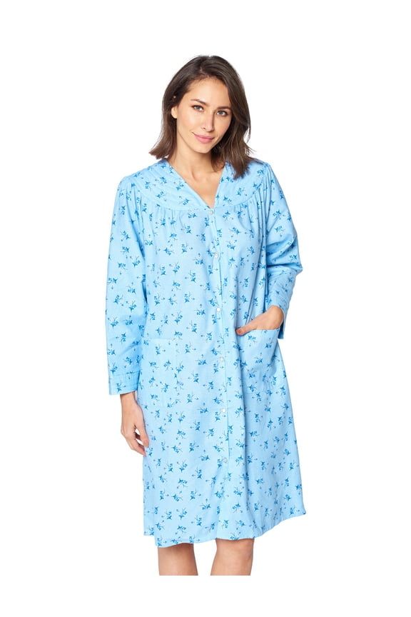 Women's Floral Snap Front Flannel Duster Long Sleeve Lounger Dress