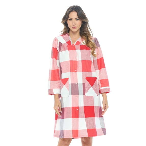 Casual Nights Women's Floral Snap Front Flannel Duster Long Sleeve Lounger Dress