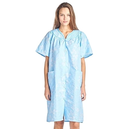 Casual Nights Women's Snap Front House Dress, Lightweight Short Sleeve Cotton-Poly Knit Duster Robe with Pockets, Mid-Calf, Blue Medium