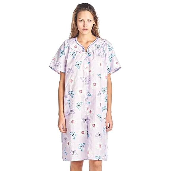 Casual Nights Women's Snap Front House Dress, Lightweight Short Sleeve Cotton-Poly Knit Duster Robe with Pockets, Mid-Calf, Purple XX-Large
