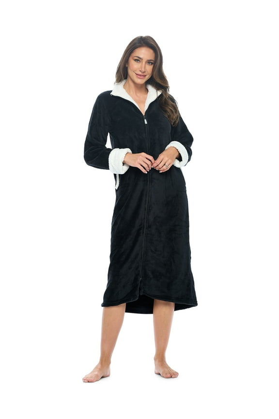 Women's Full Front Zip Up Plush Fleece Robe Housecoat