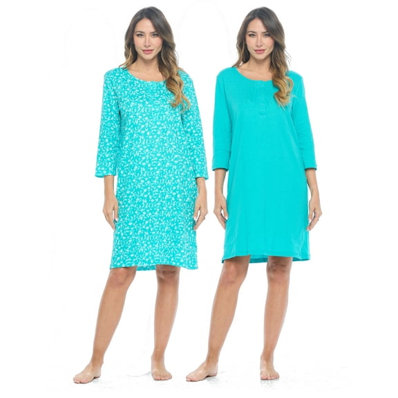 Casual Nights Women's Henley Nightshirts Set of 2, Floral 3/4 Sleeve Nightgowns & Solid Sleepwear Shirt