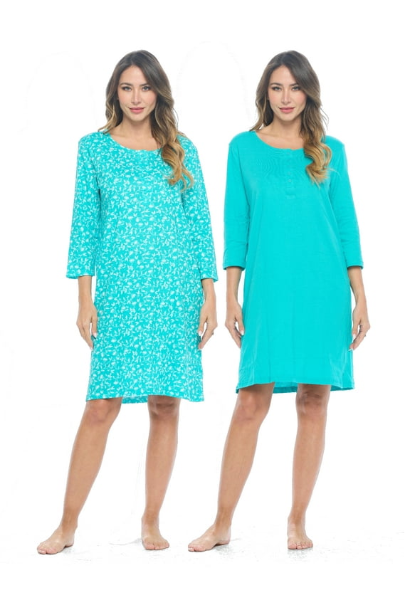 Women's Henley Nightshirts Set of 2, Floral 3/4 Sleeve Nightgowns & Solid Sleepwear Shirt