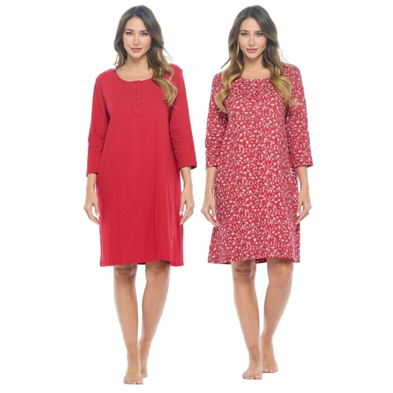 Casual Nights Women's Henley Nightshirts Set of 2, Floral 3/4 Sleeve Nightgowns & Solid Sleepwear Shirt