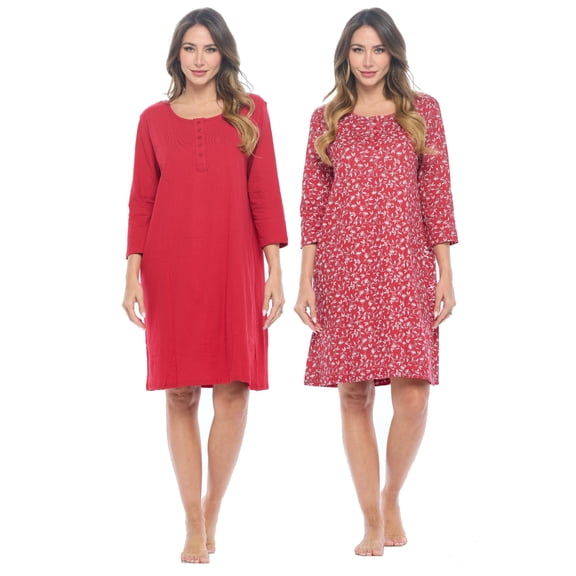 Casual Nights Women's Henley Nightshirts Set of 2, Floral 3/4 Sleeve Nightgowns & Solid Sleepwear Shirt