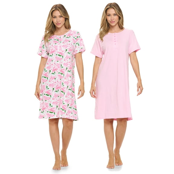 Casual Nights Women's Henley Nightshirts Set of 2, Floral Short Sleeve Nightgowns & Solid Sleepwear Shirt