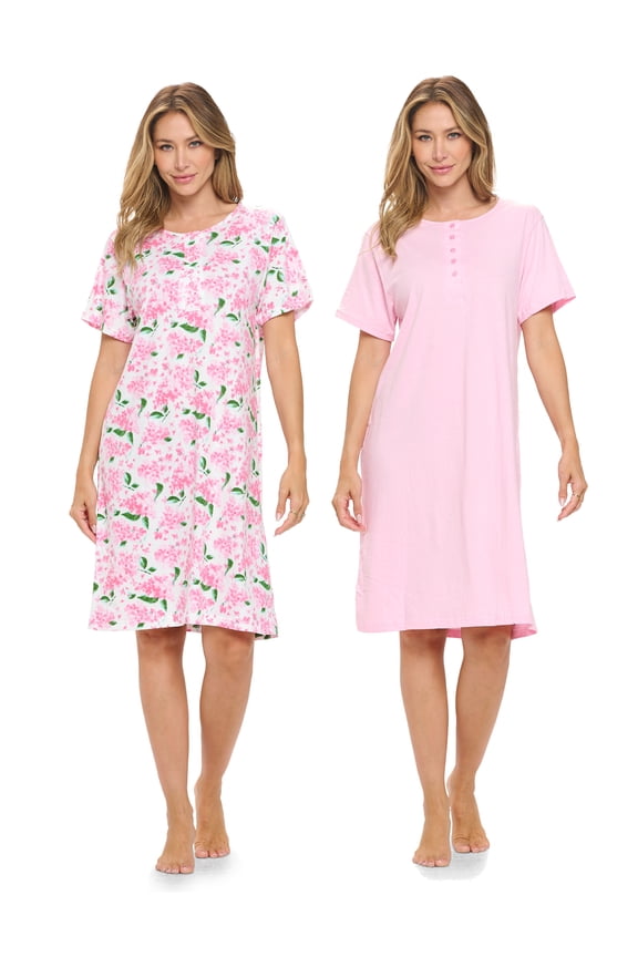 Women's Henley Nightshirts Set of 2, Floral Short Sleeve Nightgowns & Solid Sleepwear Shirt