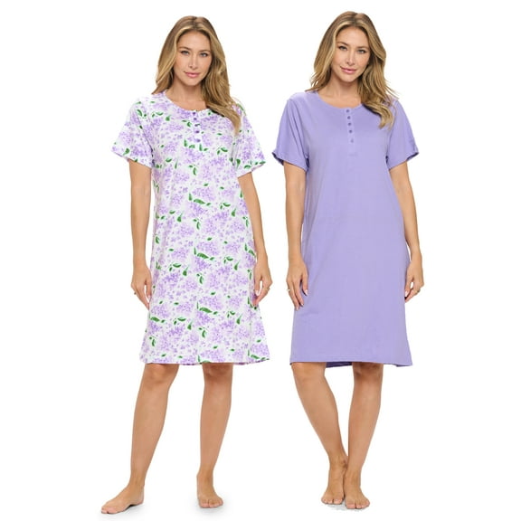 Casual Nights Women's Henley Nightshirts Set of 2, Floral Short Sleeve Nightgowns & Solid Sleepwear Shirt