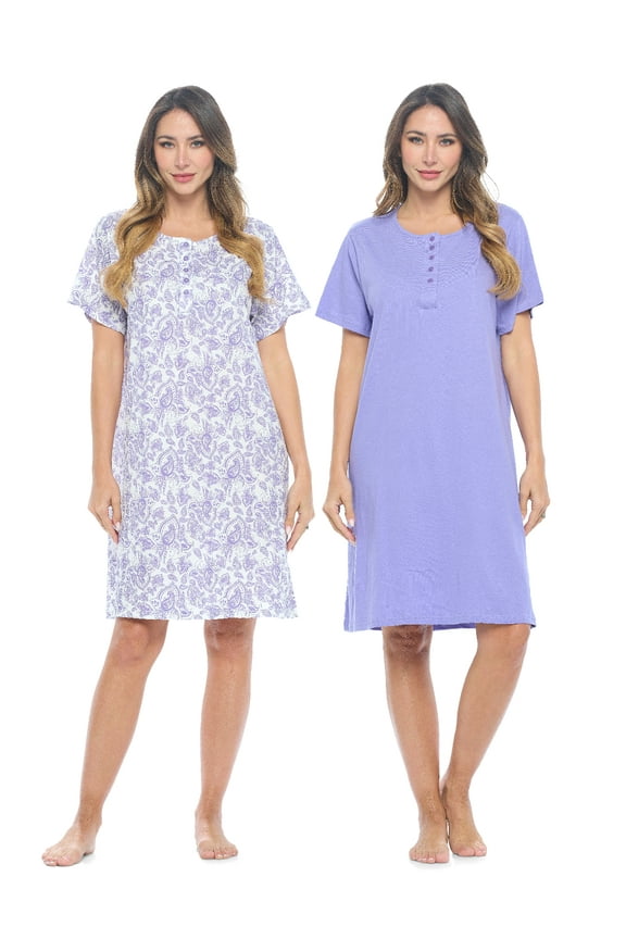 Women's Henley Nightshirts Set of 2, Floral Short Sleeve Nightgowns & Solid Sleepwear Shirt