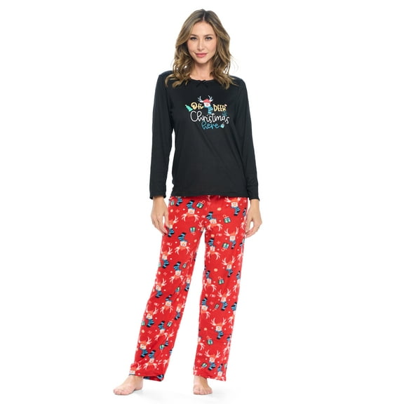 Casual Nights Women's Jersey Knit Long-Sleeve Top and Mircro Fleece Bottom Pajama Set - #1 Black Holiday Deer