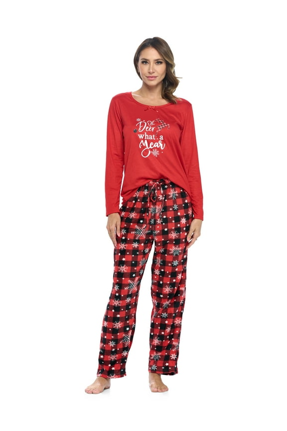 Women's Jersey Knit Long-Sleeve Top and Mircro Fleece Bottom Pajama Set - #1 Red Buffalo Snowflake