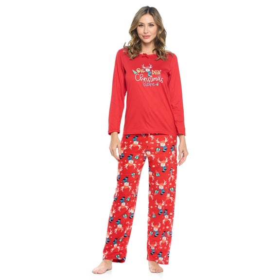 Casual Nights Women's Jersey Knit Long-Sleeve Top and Mircro Fleece Bottom Pajama Set - #1 Red Holiday Deer