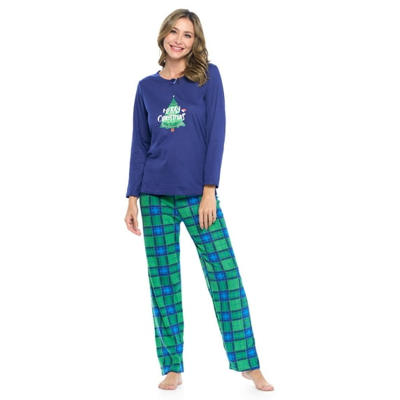 Casual Nights Women's Jersey Knit Long-Sleeve Top and Mircro Fleece Bottom Pajama Set - #2 Royal Blue Holiday Plaid