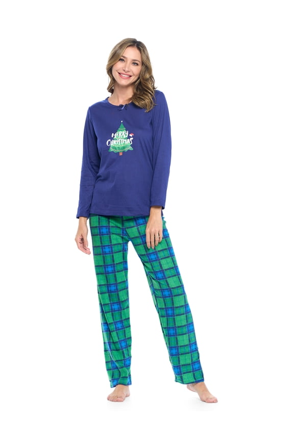 Women's Jersey Knit Long-Sleeve Top and Mircro Fleece Bottom Pajama Set - #2 Royal Blue Holiday Plaid