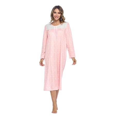 Casual Nights Women Long Sleeve Henley Nightgown, Cotton Blend House Dress with Floral Print, Relaxed Fit Sleepwear Lounge Dress, Peach Pink 2XL