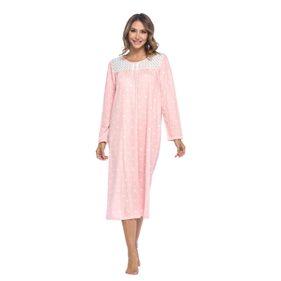 Casual Nights Women Long Sleeve Henley Nightgown, Cotton Blend House Dress with Floral Print, Relaxed Fit Sleepwear Lounge Dress, Peach Pink L