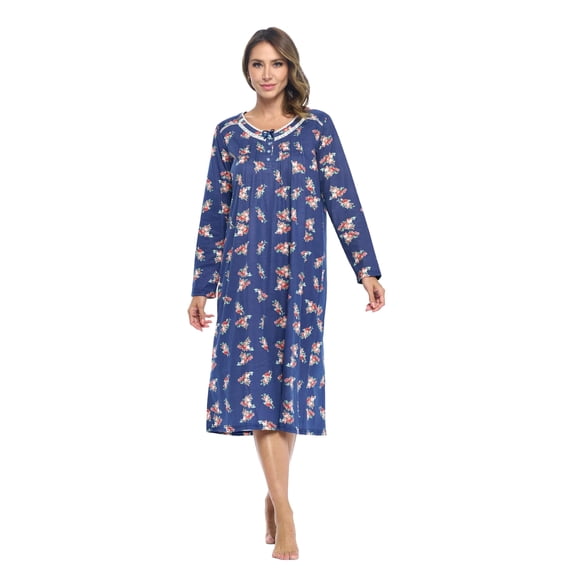 Casual Nights Women Long Sleeve Henley Nightgown, Cotton Blend House Dress with Floral Print, Relaxed Fit Sleepwear Lounge Dress, Navy Floral 4X