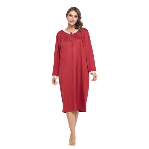 Casual Nights Women Long Sleeve Henley Nightgown, Cotton Blend House Dress with Floral Print, Relaxed Fit Sleepwear Lounge Dress, Red 3X