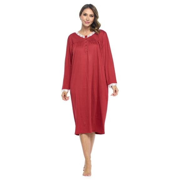 Casual Nights Women's Long Knitted & Lace Henley Nightgown